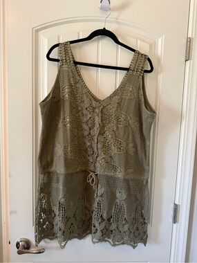 Olive Crochet Lace V-Neck Sleeveless Tunic Top